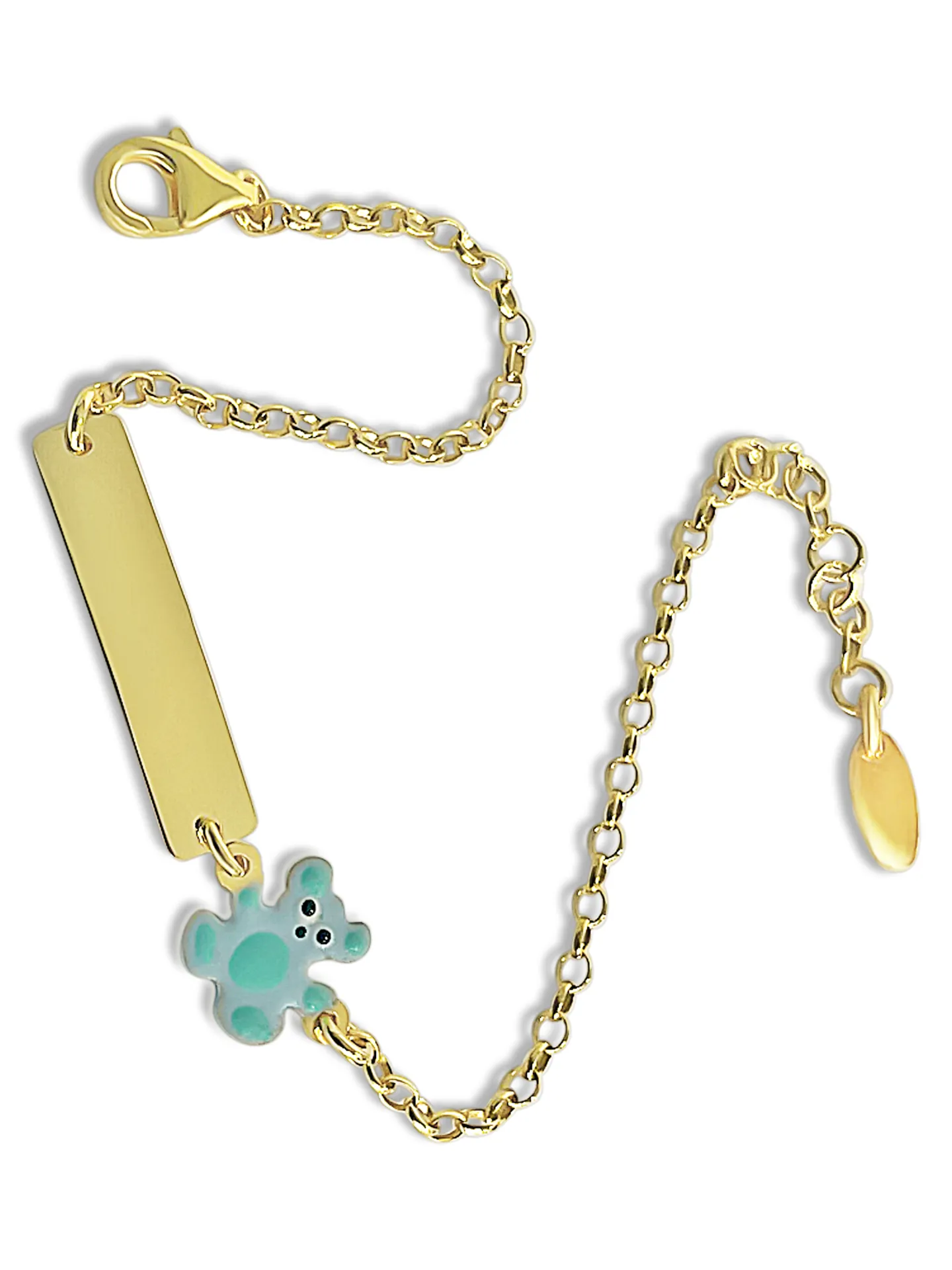 Βραχιόλι ,ασημένιο, παιδικό, για αγόρια, ταυτότητα, με σμάλτο διπλής όψης & σχέδιο αρκουδάκι σε γαλάζιο χρώμα, με κίτρινο επιχρύσωμα, 0230419202,